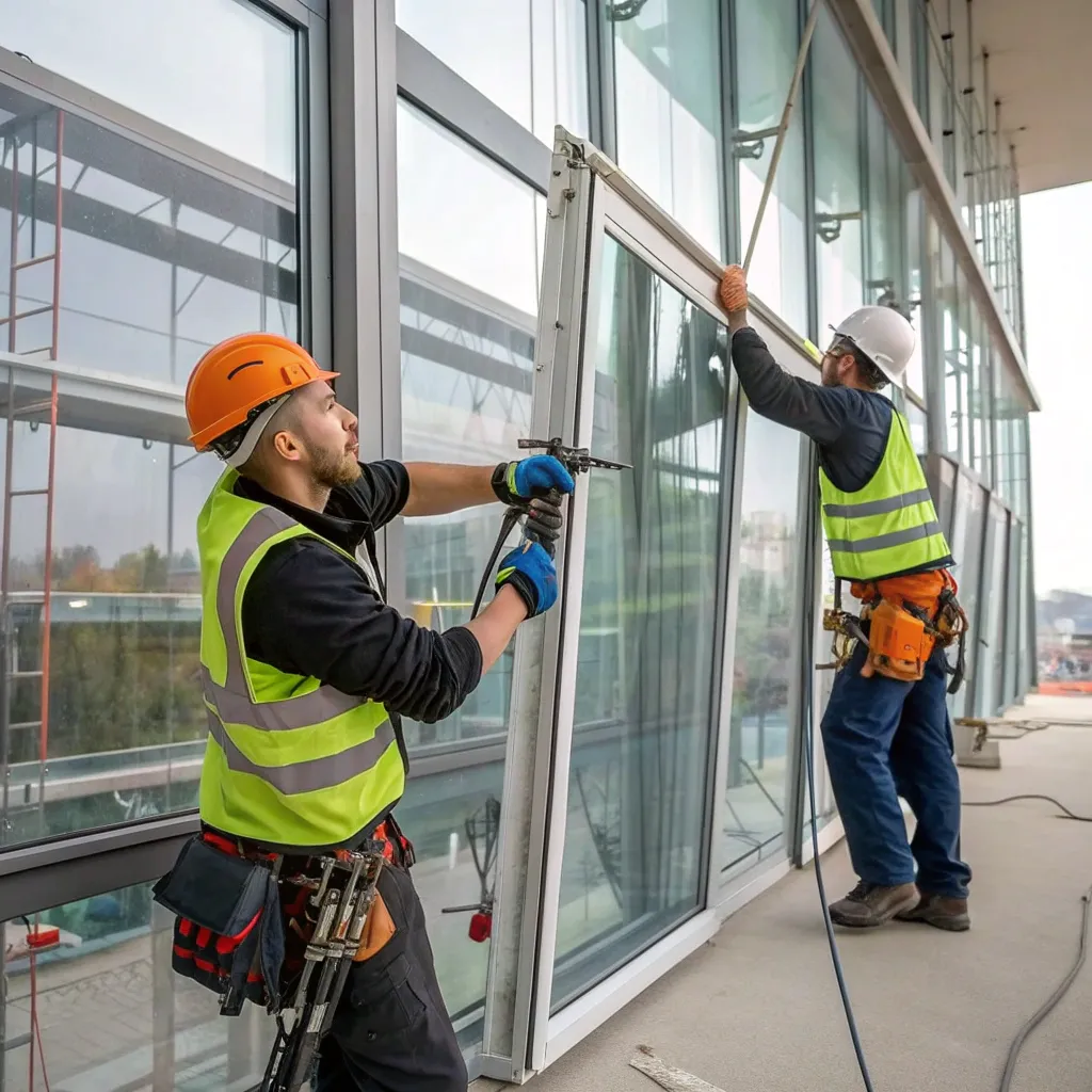 Professional team installing windows